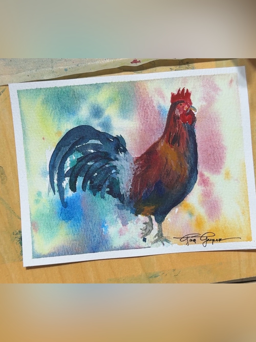 ORIGINAL  Watercolor ROOSTER- Multicolor Home Art